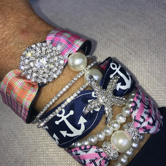 Preppy Anchors and Madras Rhinestone Bracelet Set - Picture 3 of 3